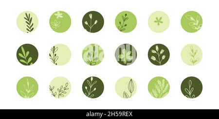 Trendiges Social Media Round Cover Design, Social Network Stories und Post, mobile Apps, Design. Vorlagen-Icons mit floralen Doodle-Elementen. Satz von Stock Vektor