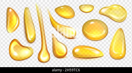 Realistische goldene Tropfen verschiedene Formen von organischer Kosmetik, flüssigem Vitamin oder Speiseöl auf transparentem Hintergrund. Fallender Honigtropfen oder benzingelber Tropfen, Vektorgrafik Draufsicht. Stock Vektor