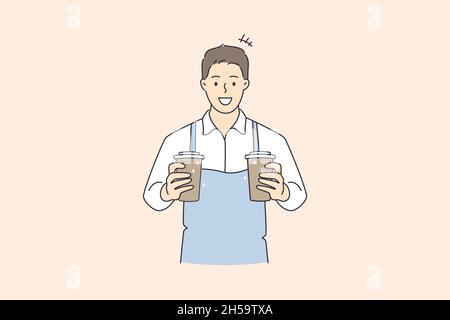 Arbeiten als Barista in Cafeteria Konzept. Junge lächelnde Mann Barista Zeichentrickfigur trägt Schürze stehend hält Tassen mit Kaffee trinken Vektor-Illustration Stock Vektor