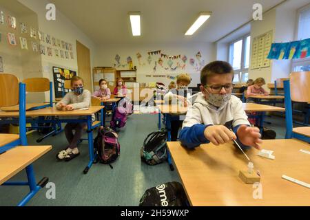 Hlucin, Tschechische Republik. November 2021. COVID-Prüfung der Schüler an der Grundschule in Hlucin, Tschechische Republik, 8. November 2021. Die Coronavirus-Epidemie nimmt zu und ab Samstag überstiegen 61 Bezirke 300 neue Infektionsfälle pro 100,000 Einwohner in sieben Tagen, die das Ministerium als Kriterium für COVID-Tests an Schulen festgelegt hat, weitere Bezirke werden nicht in die Antigentests einbezogen. Kredit: Jaroslav Ozana/CTK Foto/Alamy Live Nachrichten Stockfoto