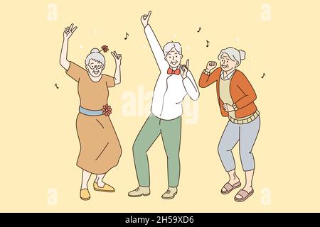 Ältere Erwachsene Menschen aktiv Lebensstil Konzept. Gruppe von glücklichen alten grauhaarigen Männern und Frauen tanzen Spaß genießen Zeit zusammen Vektor-Illustration Stock Vektor