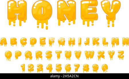 Honey Letters. Leckere flüssige Schrift, schmelzende Zahlen. Süßes köstliches Alphabet, Gelee-Sirup oder geschmolzene Karamell Typografie dezente Vektorelemente Stock Vektor