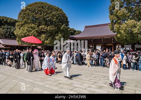 24. März 2019: Tokyo, Japan - Prozession, die Teil eines traditionellen Shinto Trauung an der Meiji Jingu-Schrein in Tokio. Stockfoto