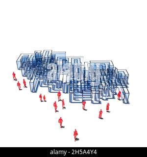 Blaugrünes Labyrinth und 3d-Modelle von roten Menschen im Begriff zu betreten. Stockfoto