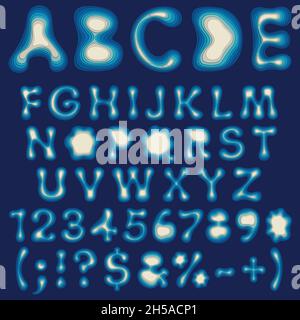 Farbalphabet, Buchstaben und Zahlen aus Ebenen. Satz isolierter Vektorobjekte. Stock Vektor