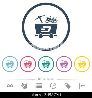 Dash Kryptowährung Mining mit Schatz flache Farbe Symbole in runden Umrissen. 6 Bonus-Symbole enthalten. Stock Vektor