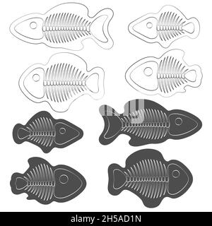 Set von schwarz-weißen Illustrationen von Fischen mit Skeletten. Isolierte Vektorobjekte auf weißem Hintergrund. Stock Vektor