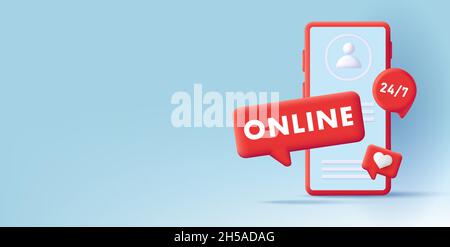 Vector 3D Illustration eines Smartphones mit Pop-up-Meldungen mit Text und „Gefällt mir“-Angaben und einer App oder Webseite mit Benutzerprofil auf blauem Hintergrund Stock Vektor