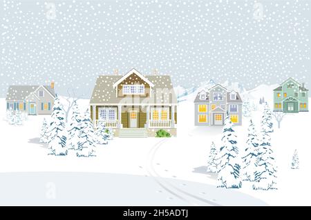 Landhäuser zu Weihnachten in der verschneiten Landschaft, Illustration, Stock Vektor