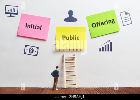 Abkürzung für „IPO“ oder „Initial Public Offering“. Abstrakte Person sieht Aufkleber an. Stockfoto
