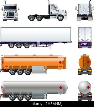 Vector realistische semitrack-Modell auf weißem Hintergrund für das Branding isoliert. Vorderansicht, Seitenansicht, Rückansicht. Verfügbares EPS-10, getrennt nach Gruppen und Lay Stock Vektor