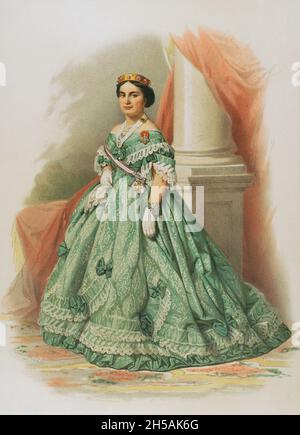 Königlicher Orden der Edlen Damen von Königin Maria Luisa. Der spanische Orden wurde 1792 von König Karl IV. Gegründet und ist nur den adligen Frauen vorbehalten. Sein Abzeichen ist ein Band mit drei Streifen: Weiß in der Mitte und lila an den Seiten. Chromolithographie. 'Historia de las Ordenes de Caballería y de las Condecoraciones Españolas' (Geschichte der Ritterorden und der spanischen Dekorationen). Madrid, 1865. Stockfoto