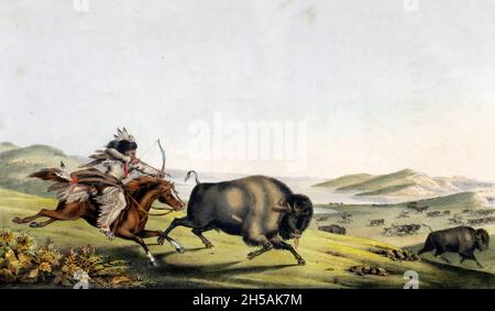 Jagd auf den Buffalo durch einen gebürtigen Amerikaner aus dem Buch "Geschichte der indischen Stämme Nordamerikas mit biografischen Skizzen und Anekdoten der wichtigsten Häupter. Band 2 von 3 von Thomas Loraine, McKenney und James Hall Esq. Veröffentlicht im Jahr 1842, gemalt von Charles Bird King Stockfoto