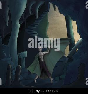 Geflügelte Kreatur, die sich in der Morgendämmerung in einer Höhle versteckt Stockfoto