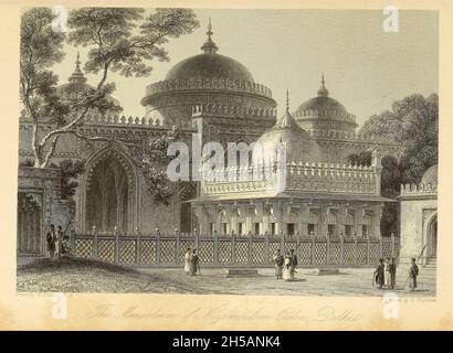 Mausoleum von Nizam-Ud-DEEN Oulea [Nizamuddin Dargah ist das Dargah (Mausoleum) des Sufi-heiligen Khwaja Nizamuddin Auliya (1238–1325 u.Z.). Der in der westlichen Gegend von Nizamuddin in Delhi gelegene dargah wird jede Woche von Tausenden von Pilgern besucht. Der Ort ist auch für seine abendlichen Qawwali-Andachtsmusik-Sessions bekannt]. Aus dem Buch "The Oriental Annual, OR, Scenes in India" von The Rev. Hobart Caunter Herausgegeben von Edward Bull, London 1838 Stiche aus Zeichnungen von William Daniell Stockfoto