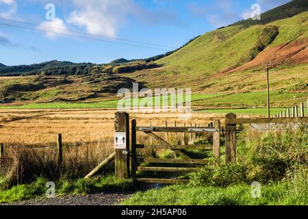 Tor auf Fußweg mit COVID-Zeichen für soziale Distanz im Snowdonia-Nationalpark im Herbst. Rhyd DDU, Gwynedd, North Wales, Großbritannien Stockfoto