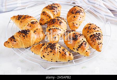Frische hausgemachte Croissants mit Schokolade. Stockfoto