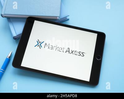 KIEW, UKRAINE - 21. Oktober 2021. MarketAxess Holdings Inc-Logo auf dem Bildschirm. Stockfoto