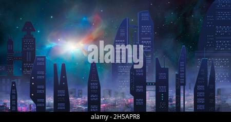 Abstrakte moderne Sci-Fi bunte Stadt mit Nachthimmel, Nebel und Sternen. Raum, 3D-Illustration Stockfoto