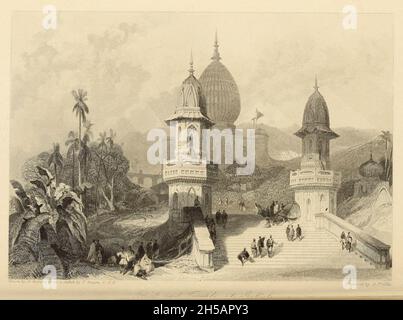 Ghat und Tempel in Gokul [Mathura-Bezirk des indischen Staates Uttar Pradesh] aus dem Buch „The Oriental Annual“, das eine Reihe von Geschichten, Legenden und historischen Romanzen enthält; von Thomas Bacon, Esq., F.S.A., mit Gravuren von W. und E. Finden, nach Skizzen des Autors Veröffentlicht in London von Charles Tilt, Fleet Street. 1839 Stockfoto