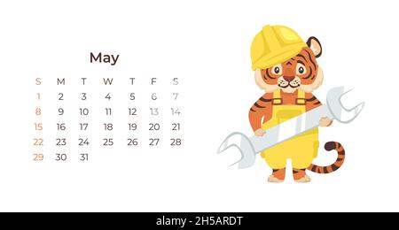 Niedliche Cartoon Tiger Mai 2022 Kalender horizontale Vorlage. Stock Vektor