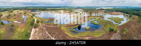 Breites Luftpanorama, mehr als 180 Grad, von zum Teil ausgetrockneten Fennen im Overasseltse en Hatertse Vennen während des extrem dr Stockfoto