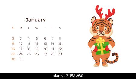 Niedliche Cartoon Tiger Januar 2022 Kalender horizontale Vorlage. Stock Vektor