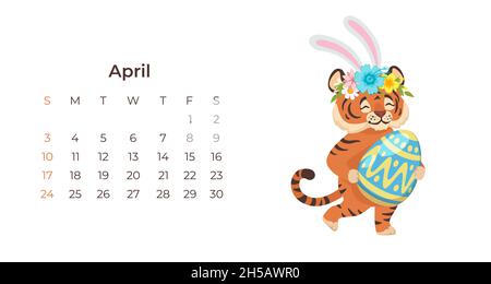 Niedliche Cartoon Tiger April 2022 Kalender horizontale Vorlage. Stock Vektor