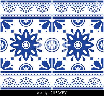 Portuguese Azulejo Fliesen nahtlose Vektor-Blumenmuster mit Rahmen oder Grenze - dekorative Fliesen Retro-Design mit Blumen in marineblau Stock Vektor