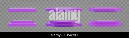 Podien auf transparentem Hintergrund gesetzt. Leerer violetter Sockel zur Produktpräsentation. Realistische 3D-Vektorplattformen mit freiem Platz. Minimalistischer Mocku Stock Vektor