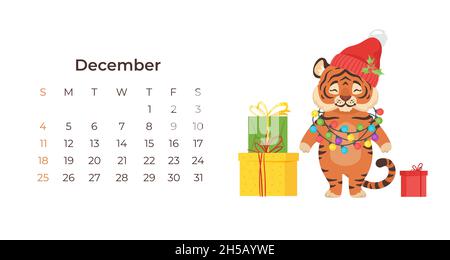 Niedliche Cartoon Tiger Dezember 2022 Kalender horizontale Vorlage. Stock Vektor