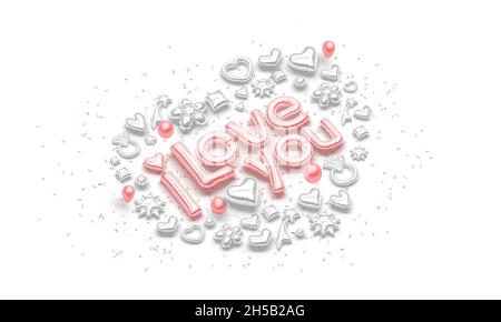 Aufgeblasene Ballonschrift mit i love you-Symbol, Seitenansicht, 3d-Rendering. Leere dekorative valentine iloveyou Zeichen, isoliert. Klare festliche Überraschung für Stockfoto