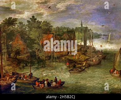 Flusslandschaft mit Liegeplätzen, 1603, von, Jan Brueghel der Ältere, (1568-1625) , Belgien Belgisch Flämisch Stockfoto