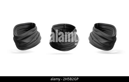 Blank schwarz gefaltet Hals Gamasche Mockup, Vorder-und Seitenansicht, 3d-Rendering. Leerer Stoffschutz, vereinzelt. Winddichter Bezug aus klarem Material Stockfoto
