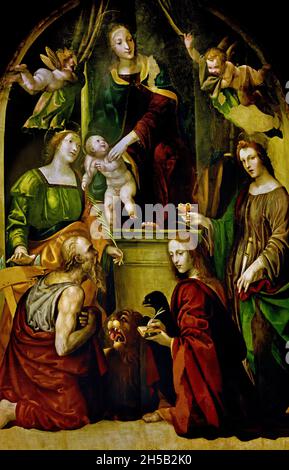 Madonna con Bambino e angeli tra i santi Girolamo, Caterina d'Alessandria, Lucia, Giovanni Evangelista - Madonna mit Kind und Engeln unter den Heiligen Hieronymus, Katharina von Alexandria, Lucia, Giovanni Evangelista ca. 1513 Bazzi Giovanni Antonio bekannt als Sodoma, 1477-1549 Italien, Italienisch, Stockfoto