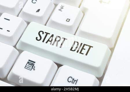 Textschild mit der Anzeige „Diät starten“. Internet-Konzept Sonderkurs Lebensmittel, die Person beschränkt sich auf die Erstellung Online-Chat-Plattform-Programm, Eingabe Stockfoto