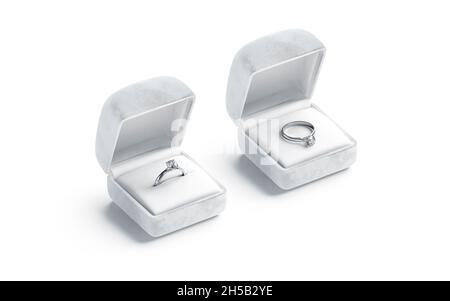 Leere weiße Box mit silbernen Diamantring Stand liegend Modell, 3d-Rendering. Leerer silberner jemstone im kompakten Gehäuse, Modell ip, isoliert. Geöffnete V löschen Stockfoto