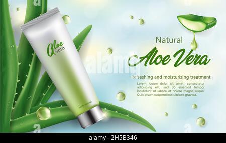 Banner der Naturkosmetik mit Aloe Vera, realistische Vektor-Illustration Nahaufnahme Stock Vektor