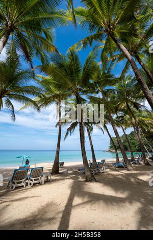 Surin Strand in Phuket, südlich von Thailand, Surin Strand ist ein sehr berühmtes Touristenziel in Phuket, schöner Strand, Blick auf einen schönen tropischen Strand mit Palmen um. Urlaubs- und Urlaubskonzept Stockfoto