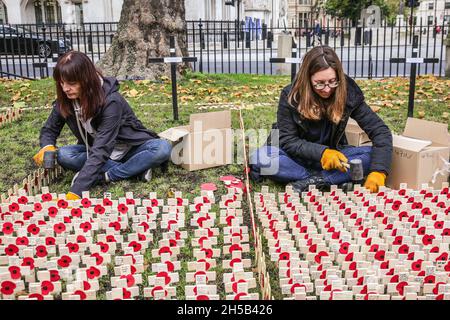 Westminster, London, Großbritannien. November 2021. Freiwillige aus vielen verschiedenen Organisationen, in Zusammenarbeit mit der Royal British Legion, stellen die Ehrungen auf, die in den Feldern des Gedenkens gepflanzt wurden, wobei jeder eine persönliche Botschaft an jemanden trägt, der im Dienst des Landes auf dem Gelände der Westminster Abbey in London sein Leben verloren hat. Kredit: Imageplotter/Alamy Live Nachrichten Stockfoto