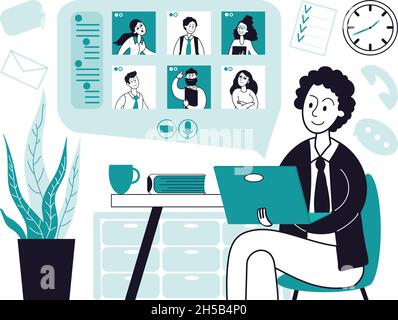 Videoanruf. Virtuelle Geschäfte, Online-Konferenzen oder Meetings. Mobile Kommunikation, man Watch Webinar oder Medienseminar anständiges Vektorkonzept Stock Vektor