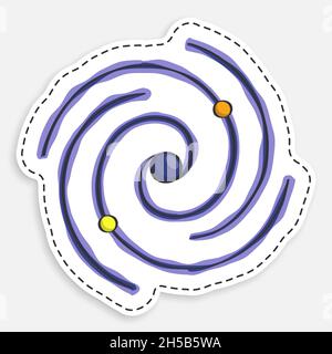 Cartoon-Ikone der Doodle Spiral Galaxie. Erforschung von Weltraum- und Sternhaufen. Schwarzes Loch im Zentrum der Milchstraßengalaxie. Vektor auf weißem Hintergrund isoliert Stock Vektor