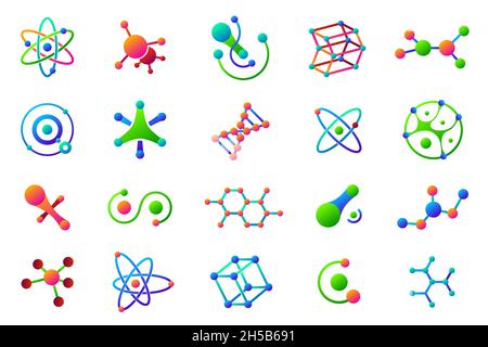 Verbundene Moleküle. Struktur Molekül, Logo medizinische Wissenschaft. Isolierte chemische Symbole, Technologie-Logo. Bunte Bio-Vektor-Symbole der letzten Zeit Stock Vektor