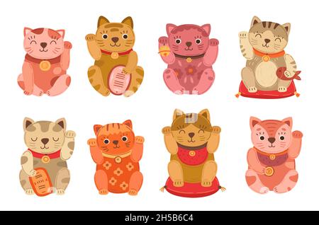 Japanische Katzen. Lucky japan Katze, isoliert asiatische Haustier. Flache Kultur maneki neko Tier, kawaii Geld reich oder Glück lustig genaue Vektor-Symbole Stock Vektor