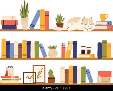 Bücherregale. Regal Bücher, Innenregal mit Katze, Pflanzen im Topf und Zubehör. Isoliertes, bequemes regal im skandinavischen Stil, Bücherregal-Vektor Stock Vektor