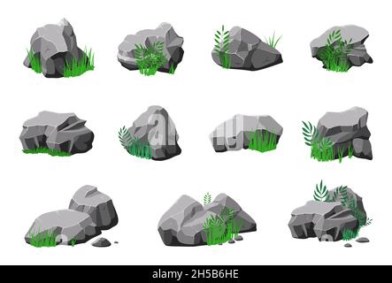 Steine im Gras. Cartoon Naturstein, Granit Design mit Grün. 3d-Gesteinsstruktur, isolierter natürlicher Felsbrocken. Geologie jüngste Vektorelemente Stock Vektor