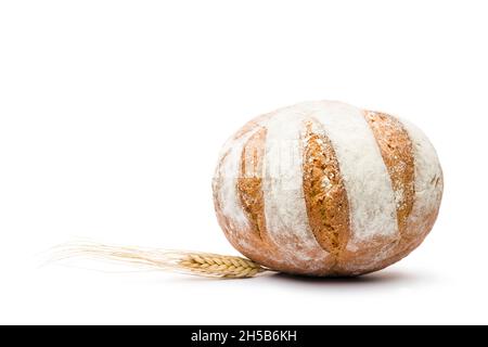 Frisches Brot mit Ähre aus Mais auf weißem Hintergrund Stockfoto