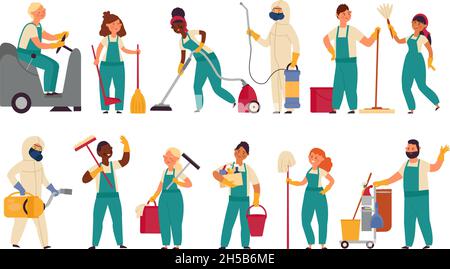 Sauberere Mitarbeiter. Hausarbeit Mädchen, Reinigungskraft. Cartoon Housekeeping, Frau mit Mopp. Lächelnder männlicher weiblicher Stab anständiger Vektor-Satz Stock Vektor