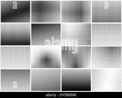 Textur für Rasterpunkte festgelegt. Körnige Texturen, Punktverlaufsmuster. Strukturierte Kreise Hintergrund, schwarze kleine runde Linien jüngsten Vektor-Sammlung Stock Vektor