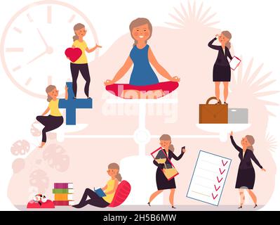 Lebensbilanz. Gesundheit Arbeit Gleichheit, Frauen hart arbeiten. Frau auf der Waage, Stresskontrolle und Pflege. Business House Geld balancieren anständige Vektor-Konzept Stock Vektor